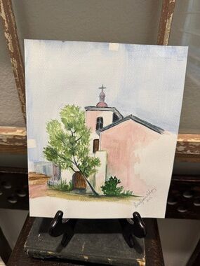 Signed Hand-Painted Pastel Pink Church Watercolor